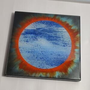 Abstract Acrylic Pour Painting 10x10 Original Canvas Wall Art Blue Orange Black